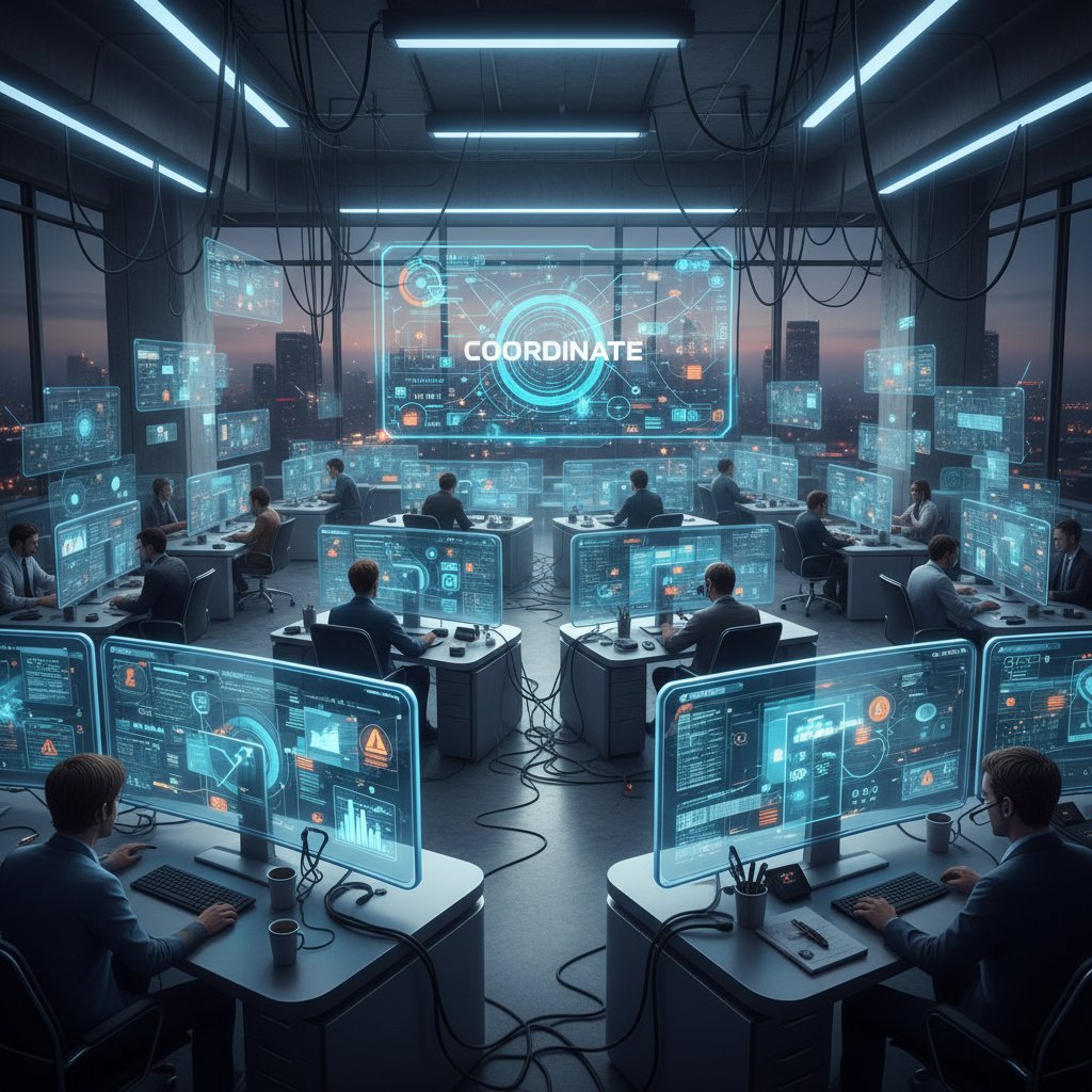 Modern office with frustrated workers overwhelmed by digital notifications and screens, representing the chaos of coordinate software in digital teamwork