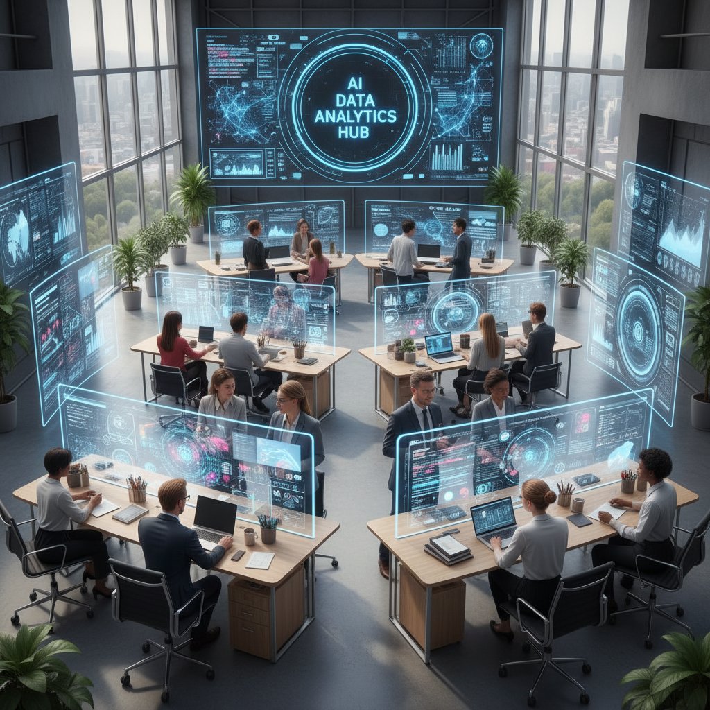 Nowoczesne biuro z ludźmi analizującymi dane AI na ekranach