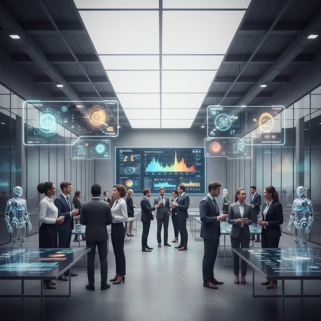 Nowoczesne biuro z pracownikami rozmawiającymi przez AI, na ścianie futurystyczne ekrany z analizami nastroju