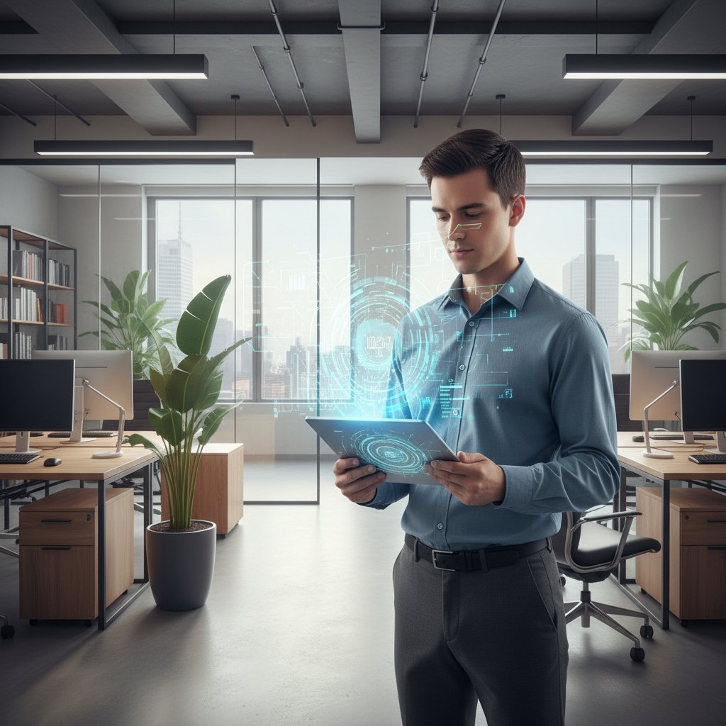 Nowoczesny biurowiec, osoba korzystająca z tabletu, wizualizacja AI