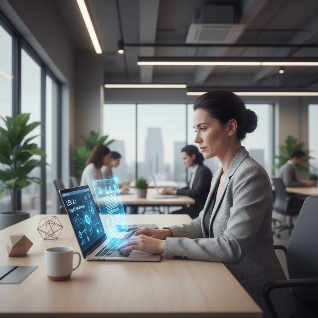 Nowoczesne biuro, młoda osoba korzystająca z cyfrowej asystentki prawnej na laptopie