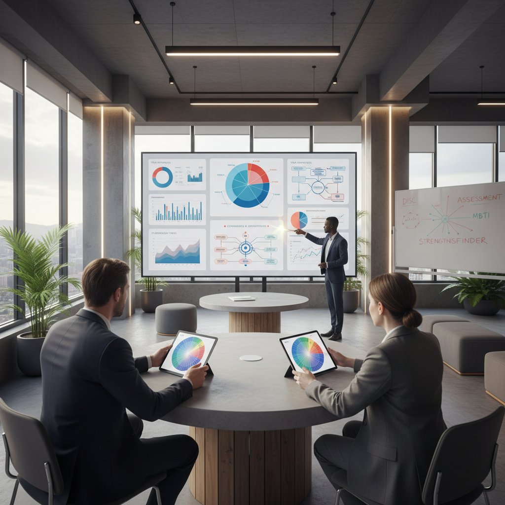 Nowoczesne biuro z osobą analizującą wyniki testu osobowości na ekranie, narzędzia do analizy osobowości