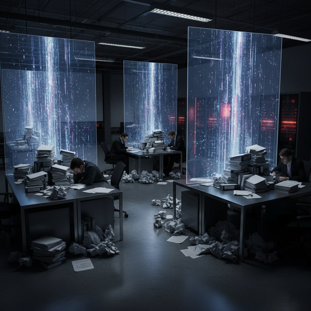 Piles of business documents transforming into digital data in an office setting