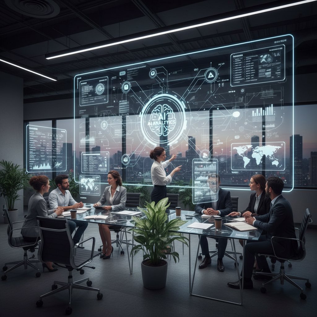 Nowoczesne biuro z profesjonalistami analizującymi dane na ekranach AI