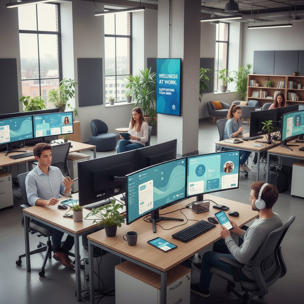 Nowoczesne biuro z ekranami, gdzie ludzie korzystają z aplikacji psychoedukacyjnych, przyszłość emocji i AI