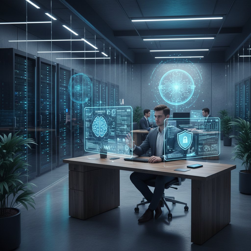Nowoczesne biuro z serwerami i osobą analizującą dane czatu, AI i bezpieczeństwo