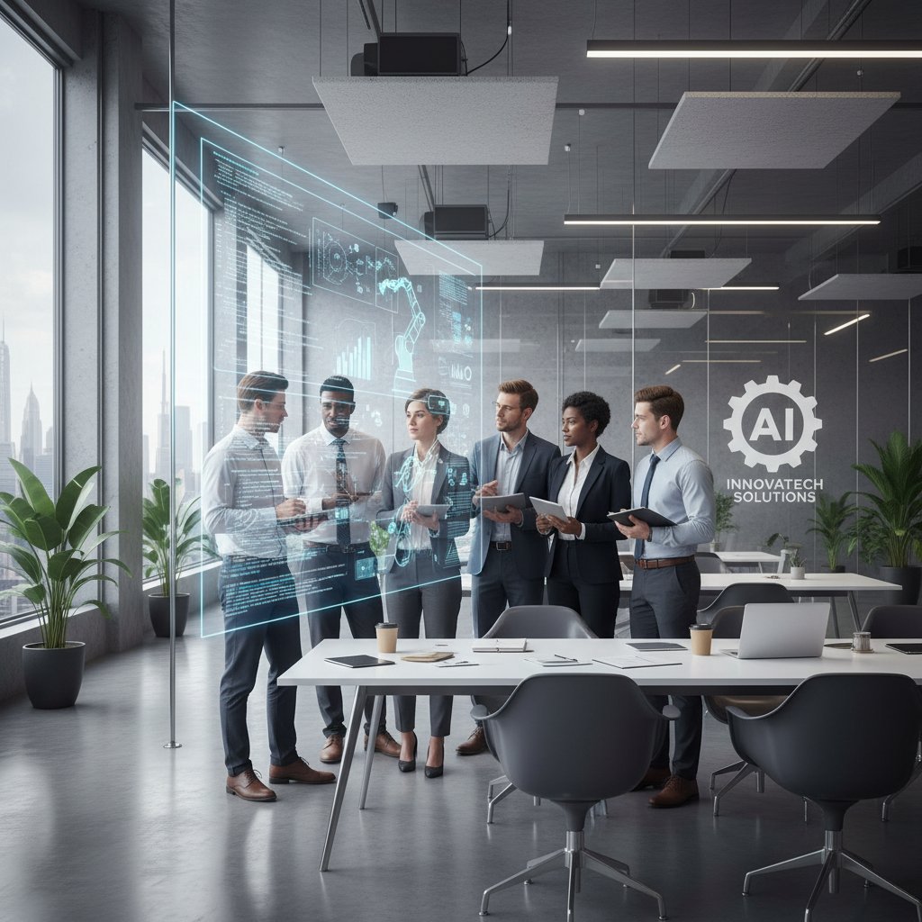 Nowoczesne biuro z zespołem pracującym nad wdrożeniem AI, współpraca ludzi i technologii