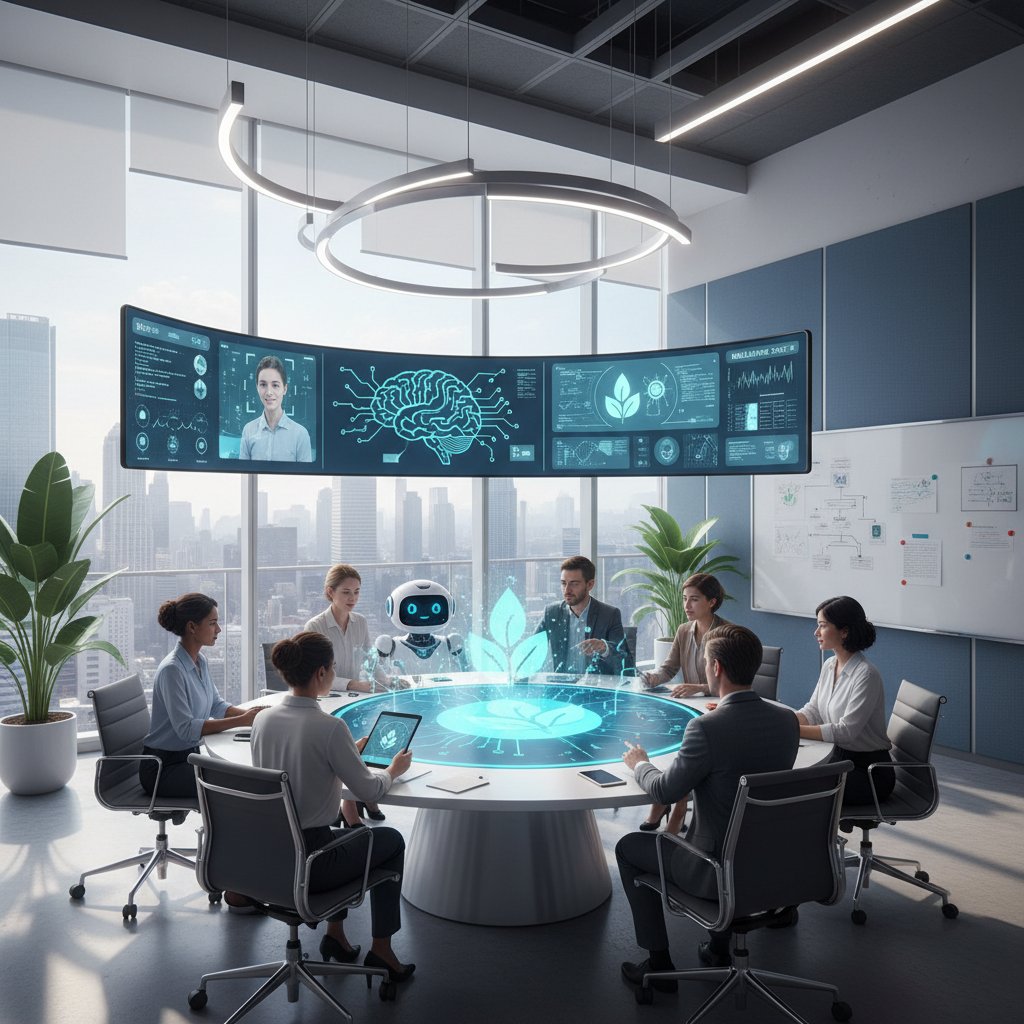 Nowoczesne biuro, zespół pracuje nad integracją AI z aplikacjami do zdrowia psychicznego