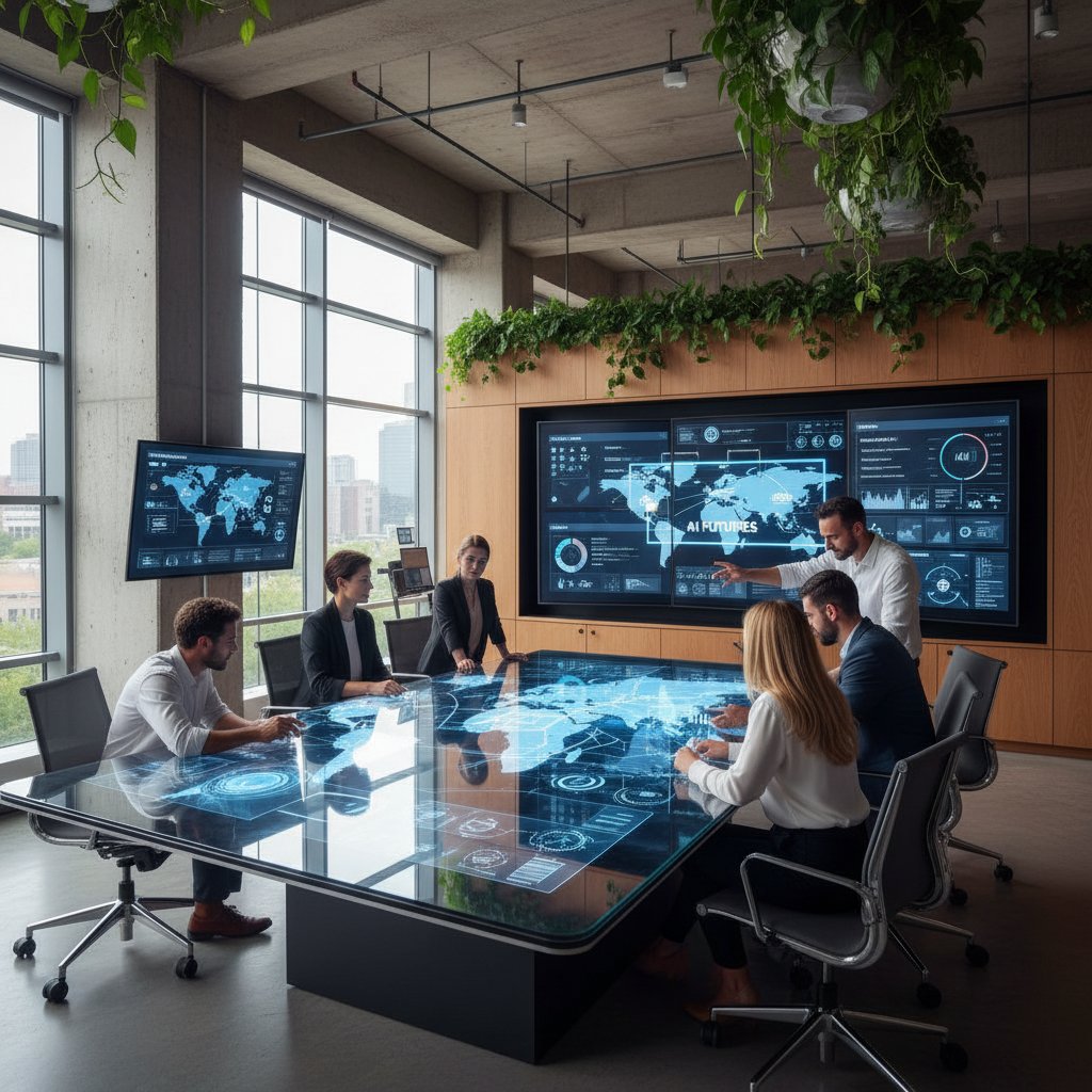 Nowoczesne biuro, zespół analizujący trendy AI, interaktywna mapa na ekranie
