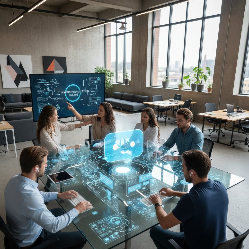 Nowoczesne biuro z zespołem analizującym dane do hyperpersonalizacji czatbota