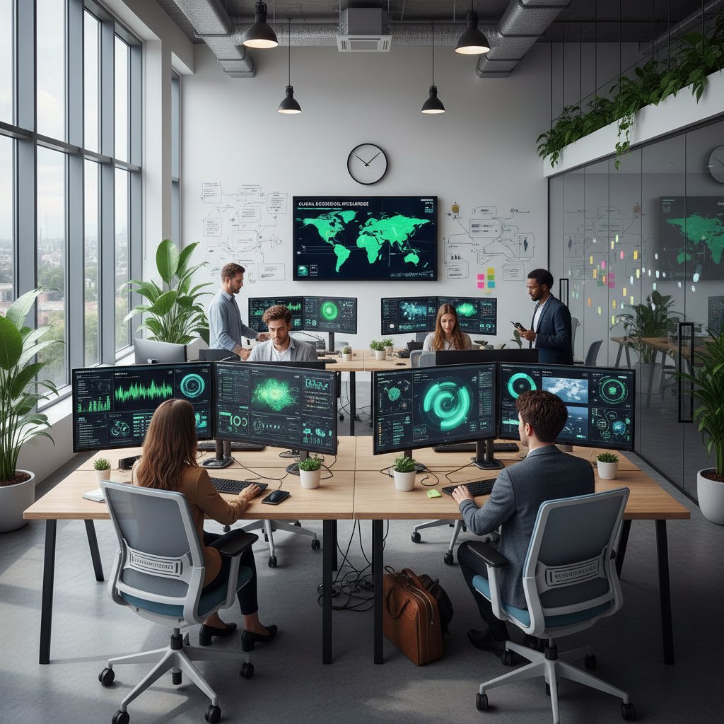 Nowoczesne biuro z zespołem analizującym dane środowiskowe na ekranach komputerów