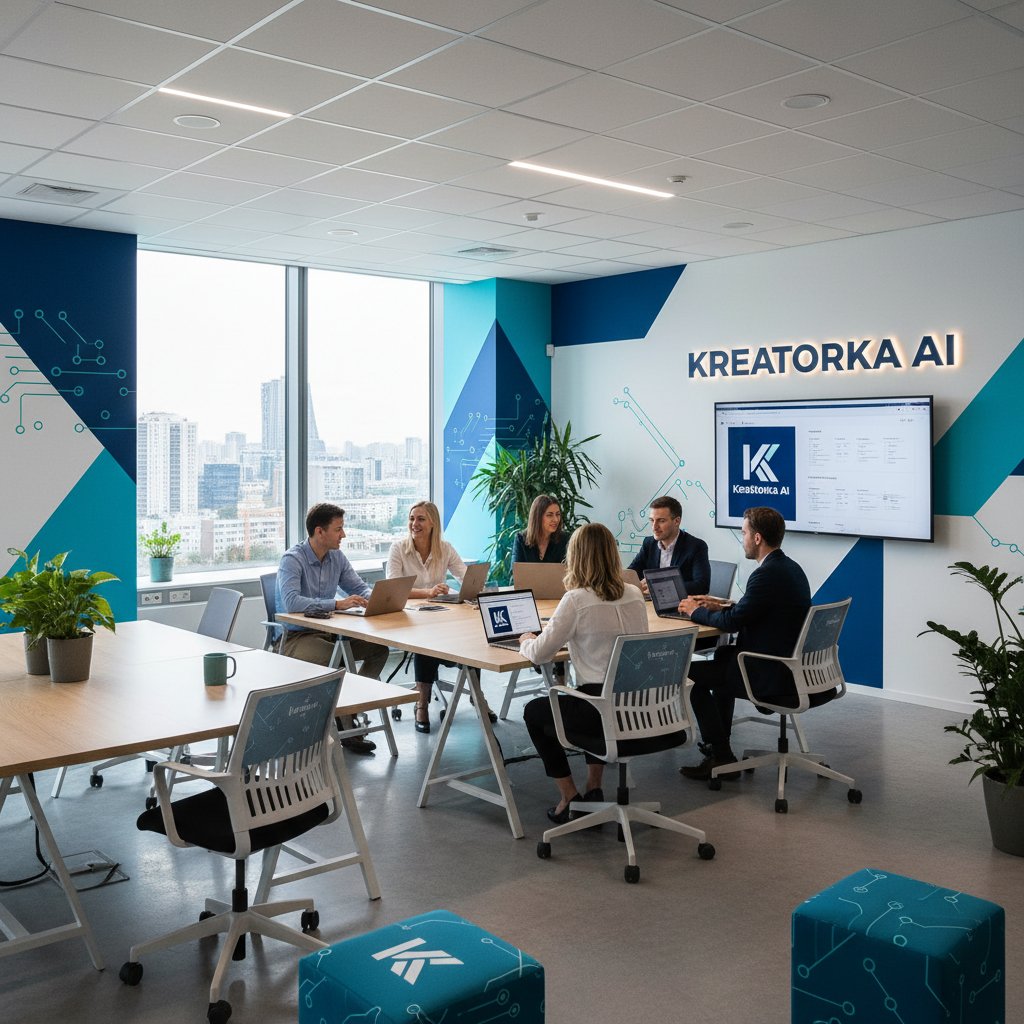 Nowoczesne biuro, kreatorka.ai na ekranie monitora, zespół analizuje branding