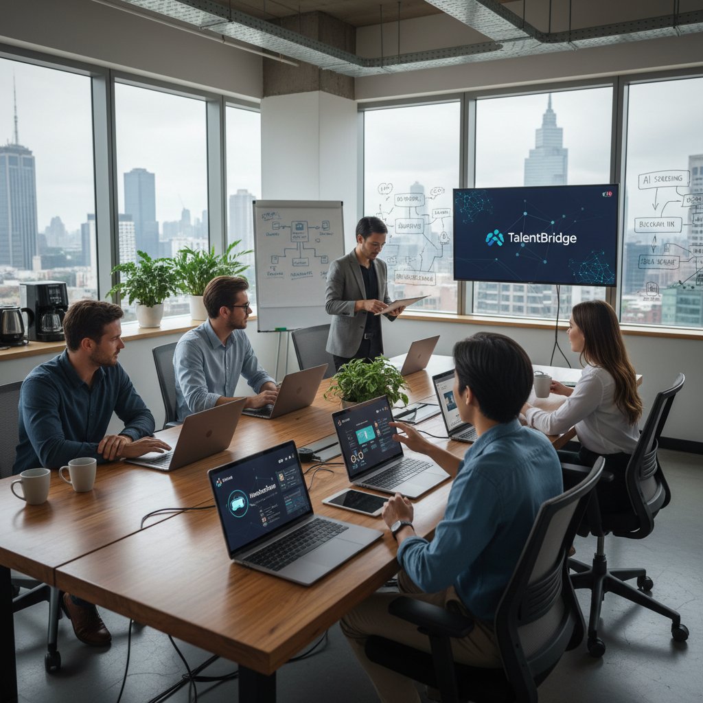 Nowoczesne biuro, zespół korzystający z laptopów i aplikacji rekrutacyjnych, energia cyfrowej transformacji