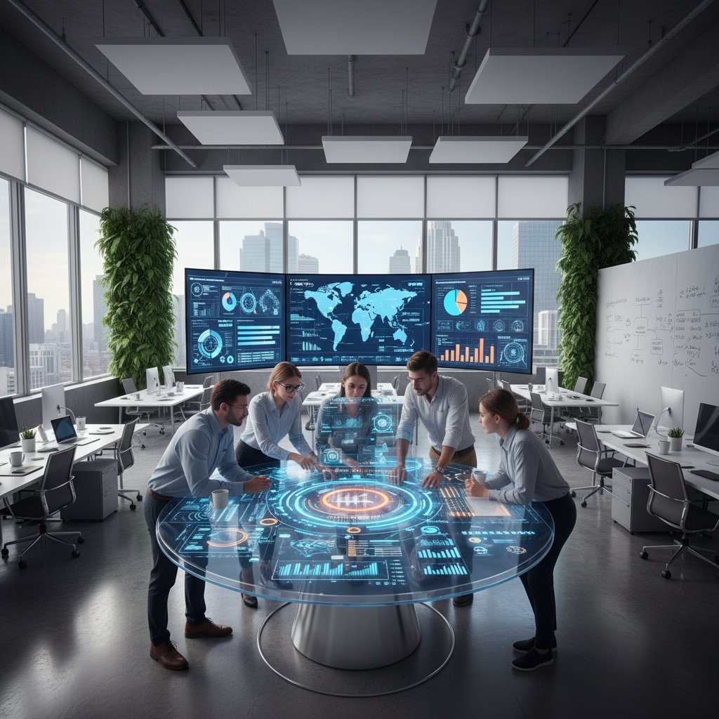 Nowoczesne biuro z zespołem pracującym nad algorytmami analizy newsów