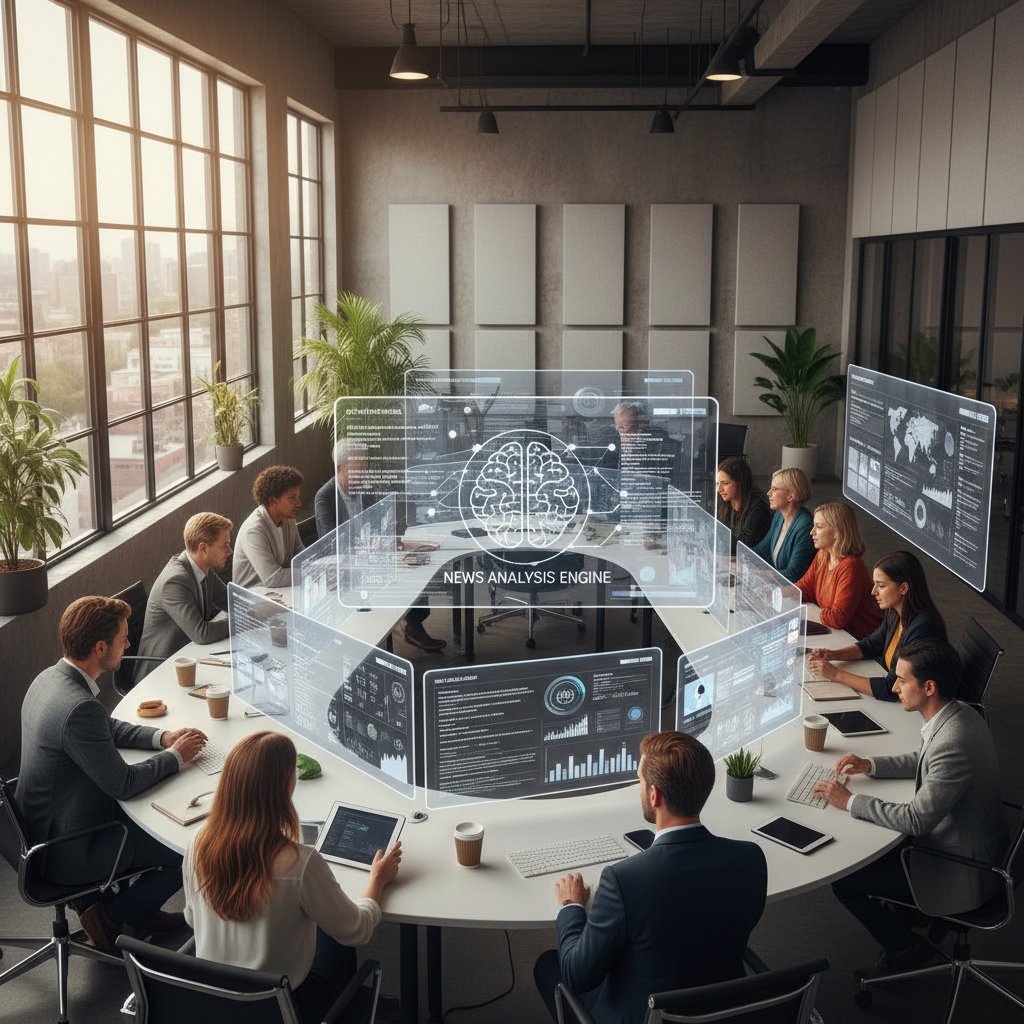 Nowoczesny open space z zespołem ludzi i ekranami pokazującymi analizy newsów przez AI
