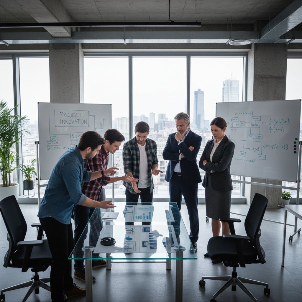 Nowoczesne biuro z tablicą szumnych haseł i wyraźnie sceptycznym zespołem, zarządzanie