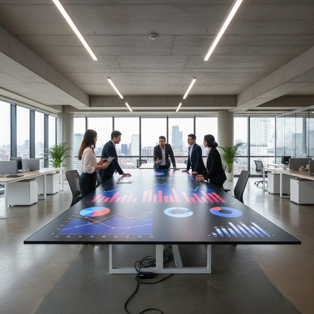 Nowoczesne biuro, zespół analizujący dane na ekranie dotykowym, dynamiczne wykresy, innowacyjna atmosfera