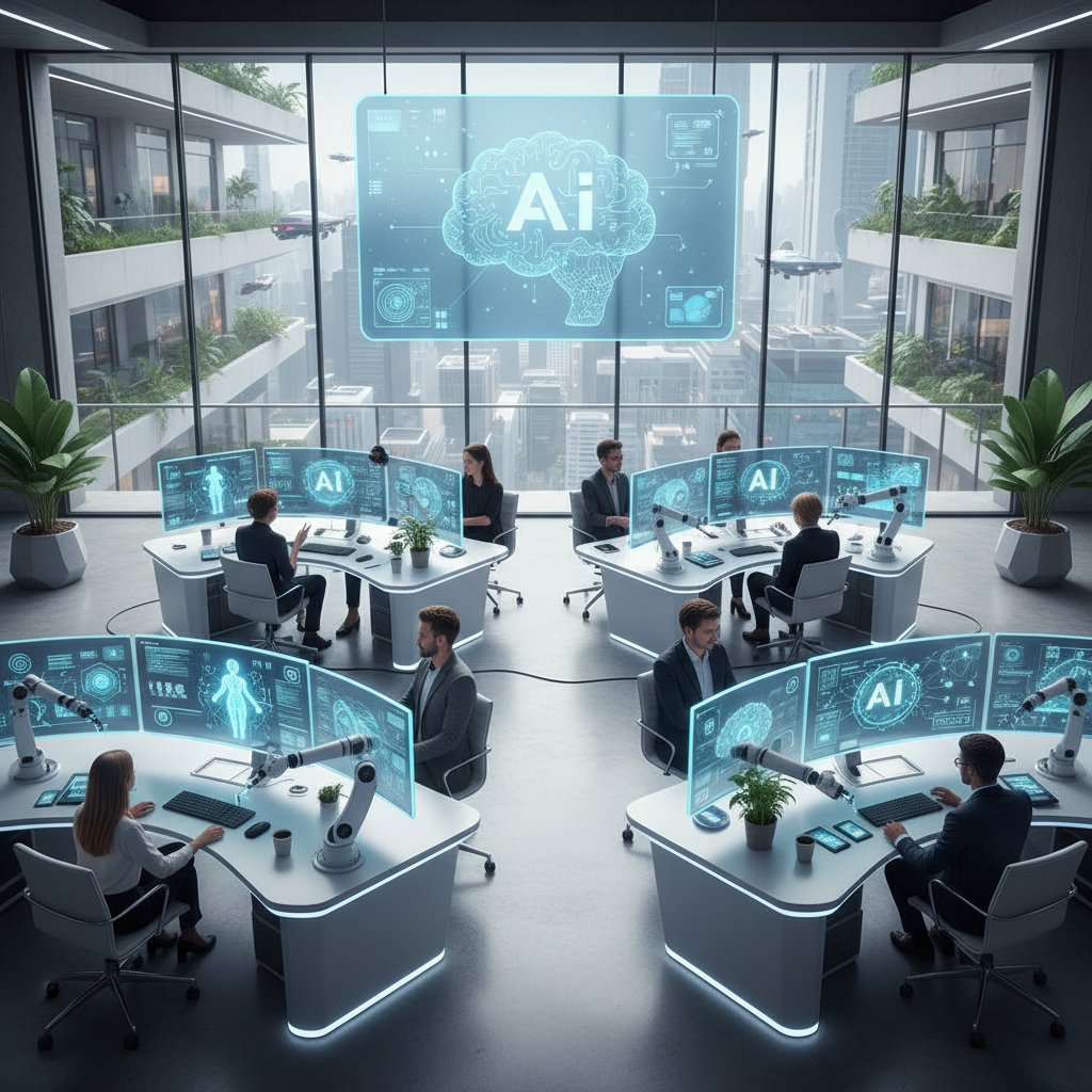 Współczesne biuro z zespołem ludzi oraz wirtualnymi asystentami AI na ekranach monitorów