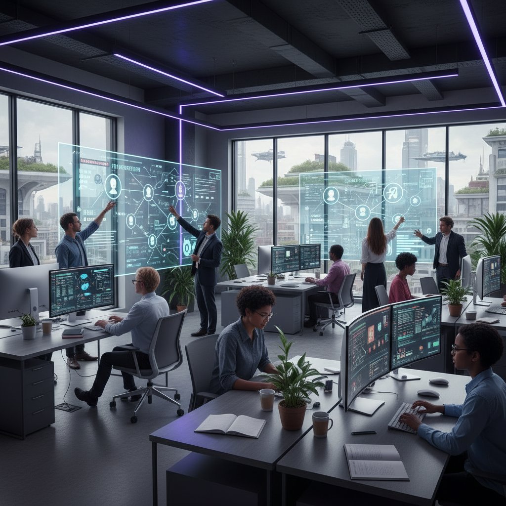 Nowoczesne biuro z zespołem analizującym dane konkurencji na monitorach, dynamiczna atmosfera, słowa kluczowe: analiza konkurencji, przewaga rynkowa