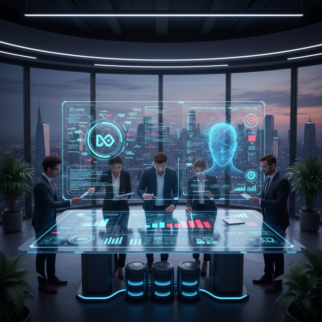 Nowoczesne biuro z zespołem analizującym dane konkurencji na dużych ekranach, AI w akcji