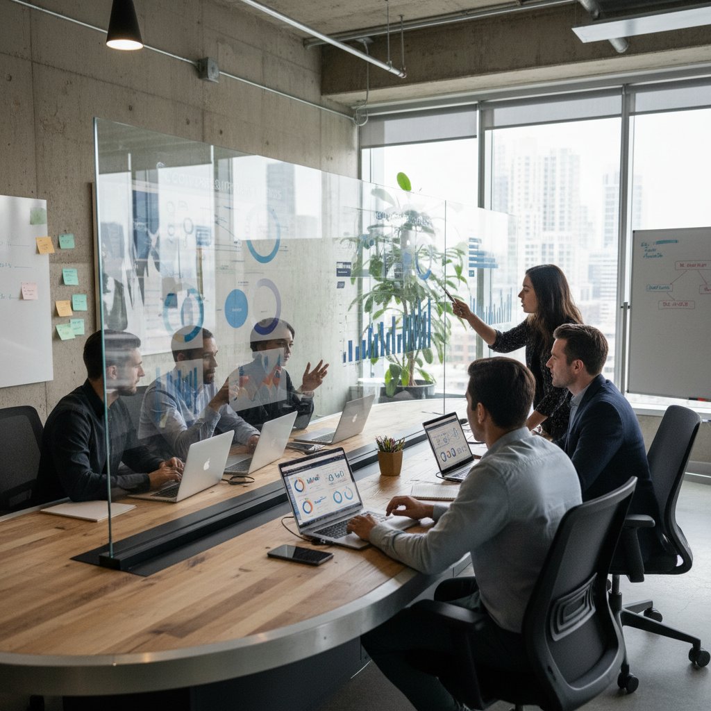 Nowoczesne biuro z zespołem analizującym trendy wsparcia klienta na laptopach