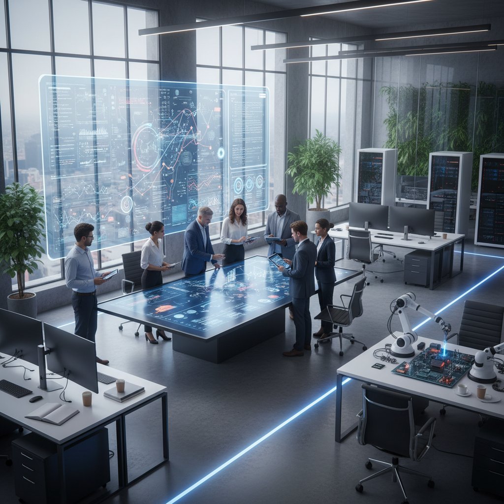 Nowoczesne biuro z zespołem analizującym dane wdrożeniowe