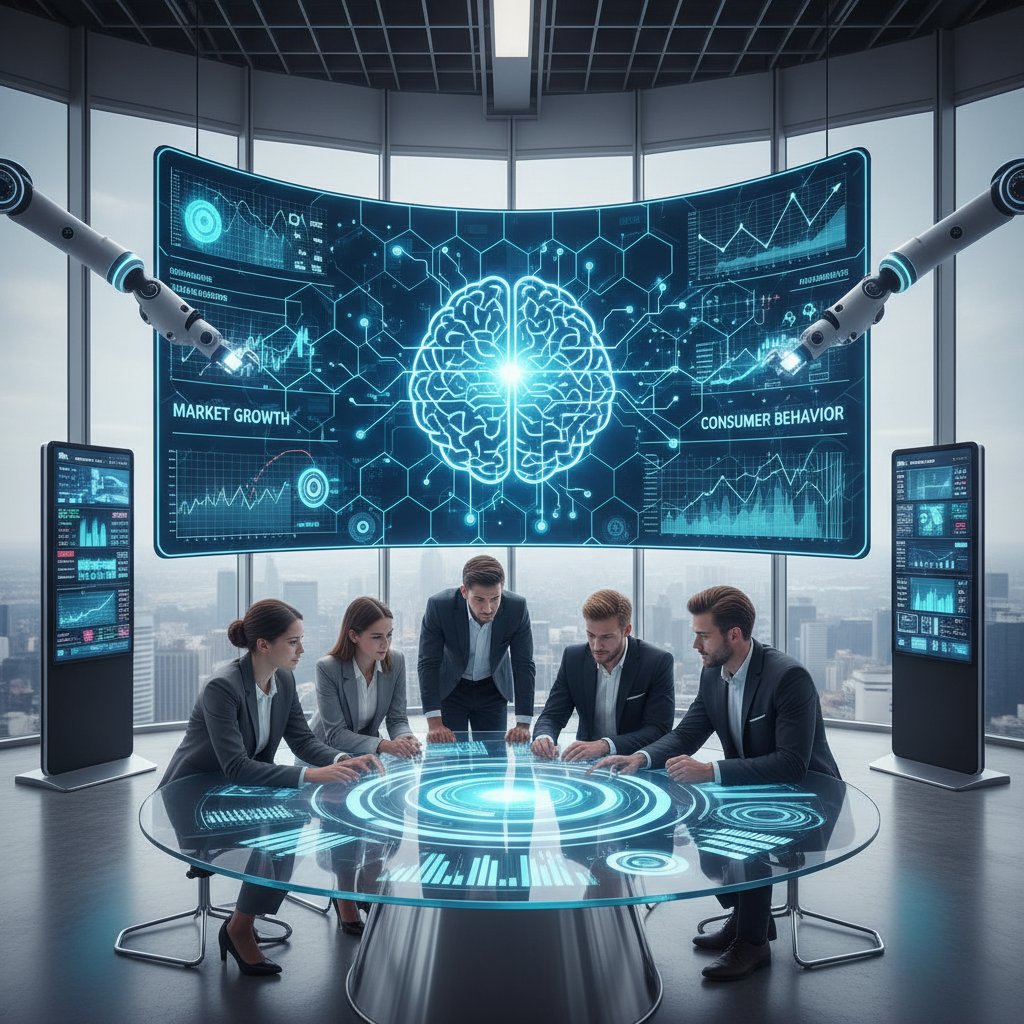 Nowoczesne biuro z zespołem analizującym trendy AI na cyfrowych ekranach