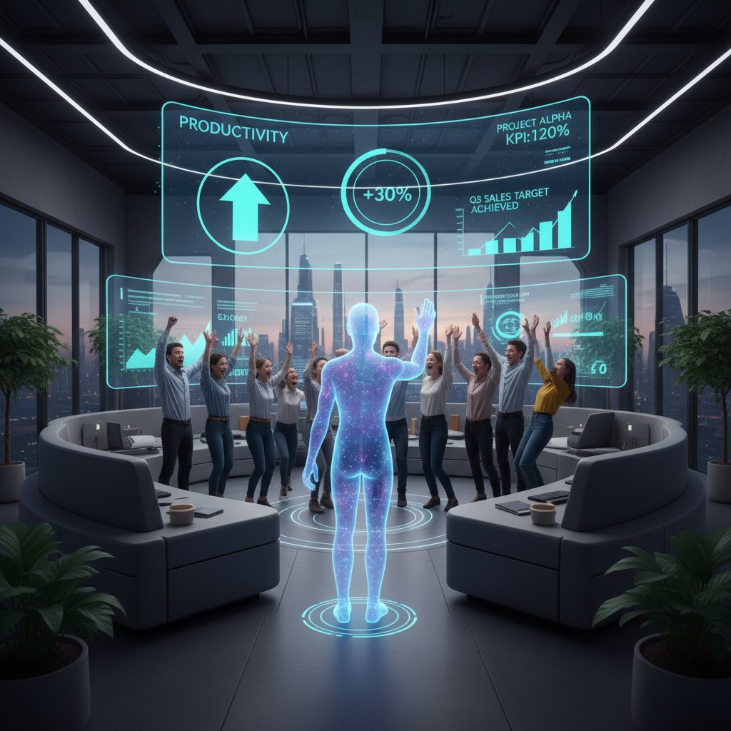 Modern office team celebrating AI-powered productivity boost, digital overlays of KPIs on screen