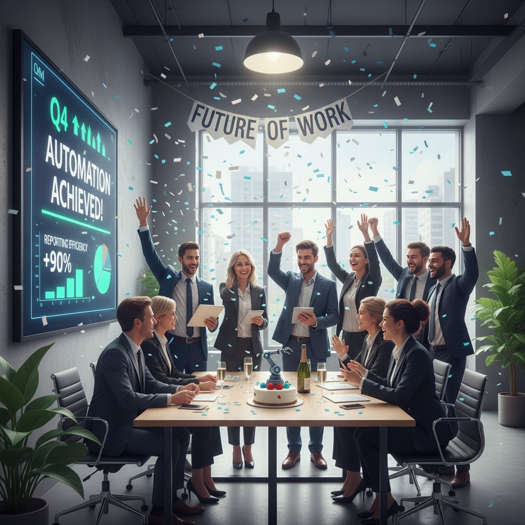 Nowoczesne biuro, zespół świętujący sukces wdrożenia automatyzacji raportowania