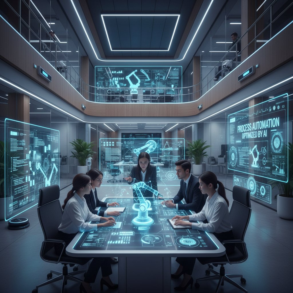 Nowoczesne biuro, zespół korzystający z AI do automatyzacji procesów, optymalizacja administracji
