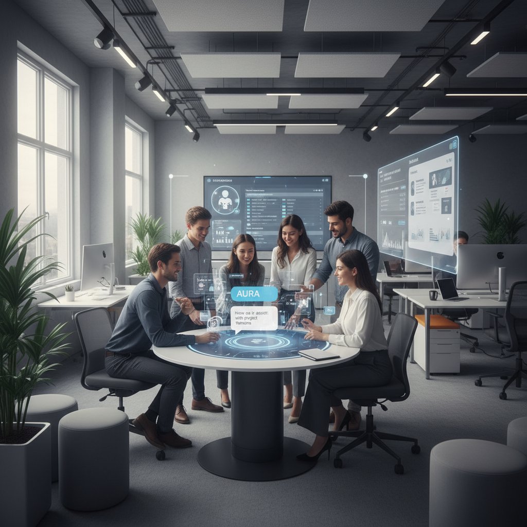 Nowoczesne biuro z zespołem ludzi współpracujących z chatbotem AI na ekranie