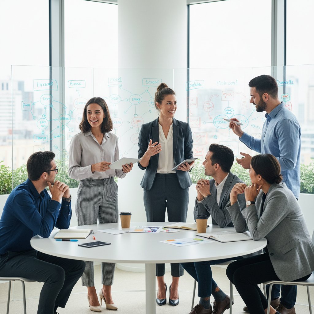 Nowoczesne biuro z zespołem ludzi podczas burzy mózgów, trening umiejętności interpersonalnych