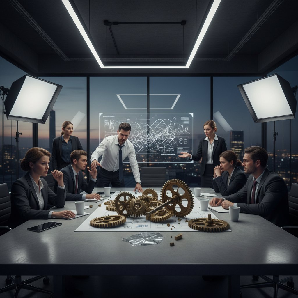 Nowoczesne biuro z napiętą atmosferą podczas spotkania operacyjnego, widoczne rozrzucone tryby symbolizujące problemy