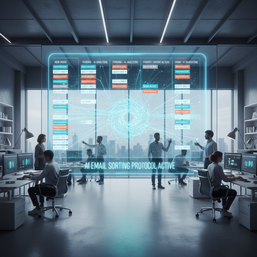 Nowoczesne biuro z tablicą ticketów i AI sortującym maile