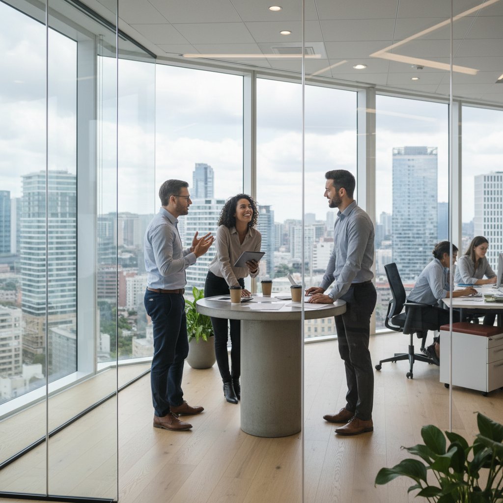 Pracownicy w otwartym biurze, symbol przejrzystości i kongruencji w organizacji