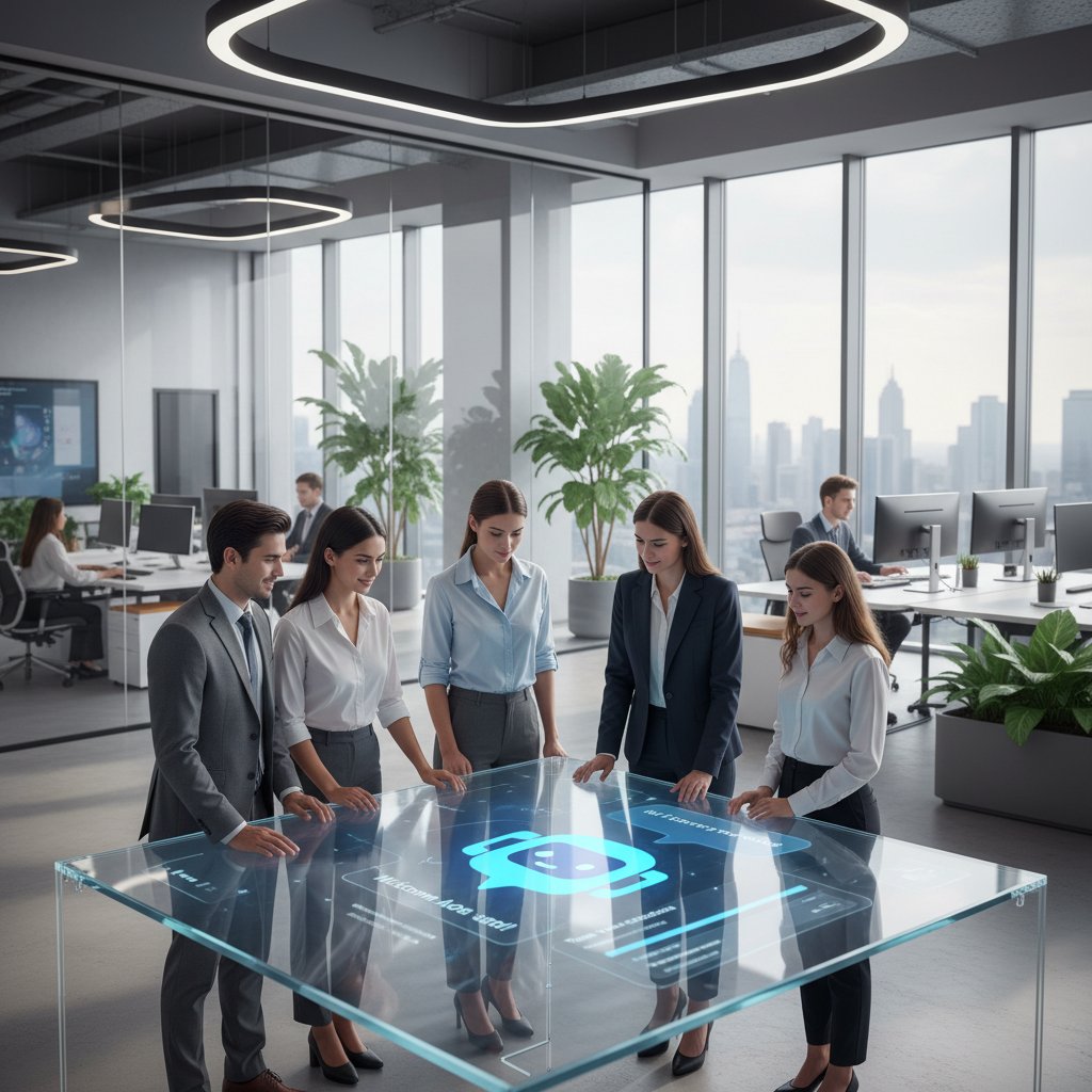 Nowoczesne biuro z osobą korzystającą z chatbota na ekranie – onboarding użytkowników w praktyce