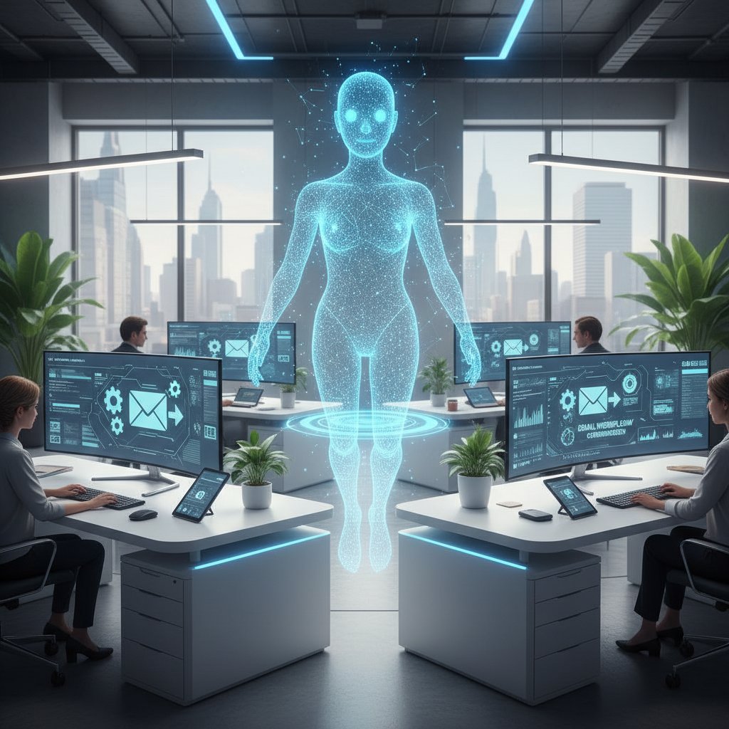 Nowoczesne biuro z wirtualnym asystentem na ekranie, automatyzacja korespondencji przez AI