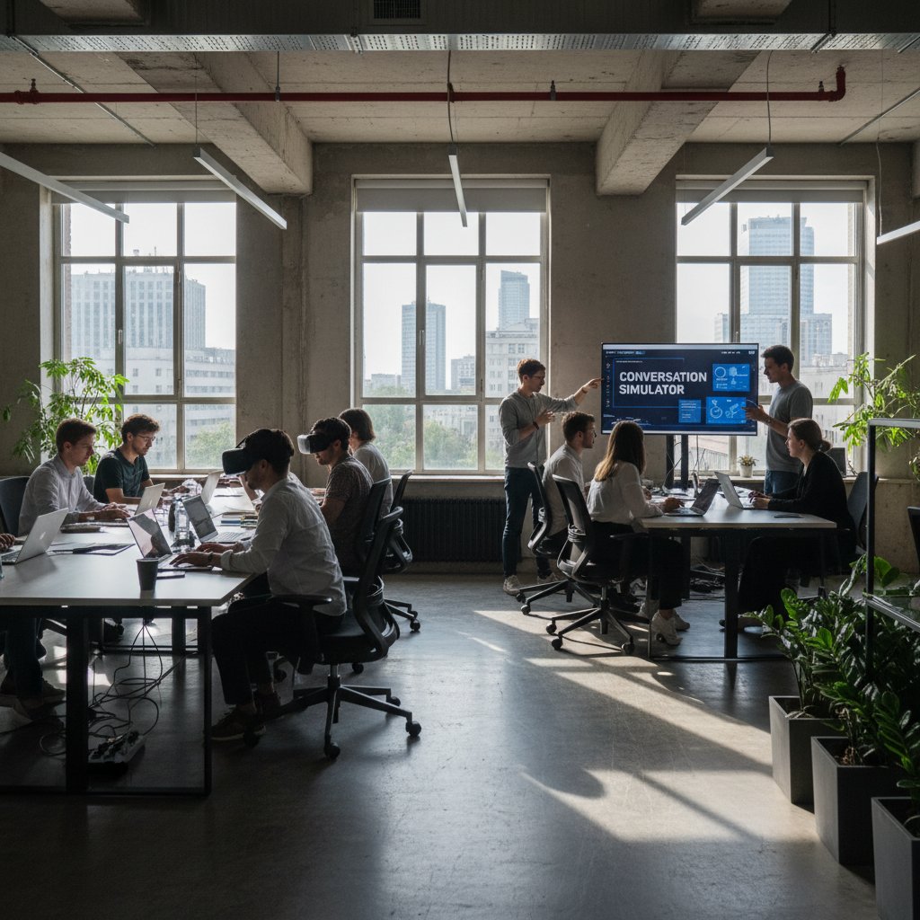 Polacy korzystający z symulatorów rozmów w nowoczesnym biurze