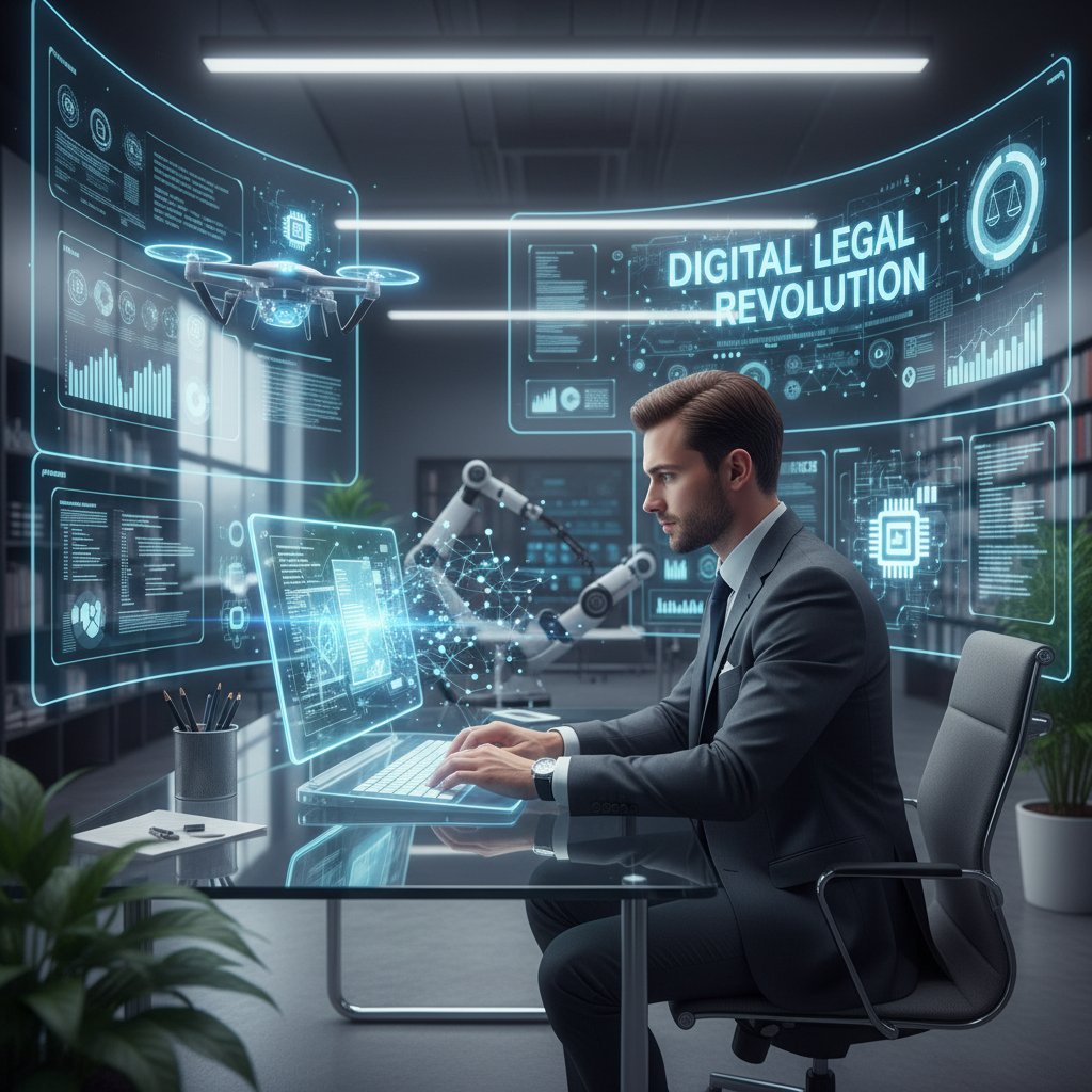 Nowoczesne biuro, młody prawnik korzystający z laptopa, symbol cyfrowej rewolucji prawnej