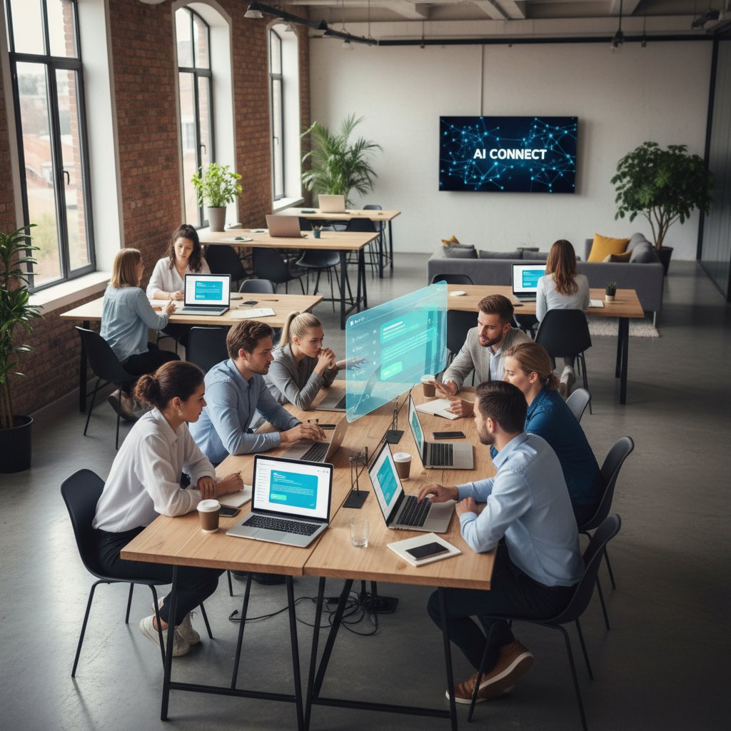 Nowoczesne biuro z młodymi ludźmi pracującymi na laptopach i rozmawiającymi z AI