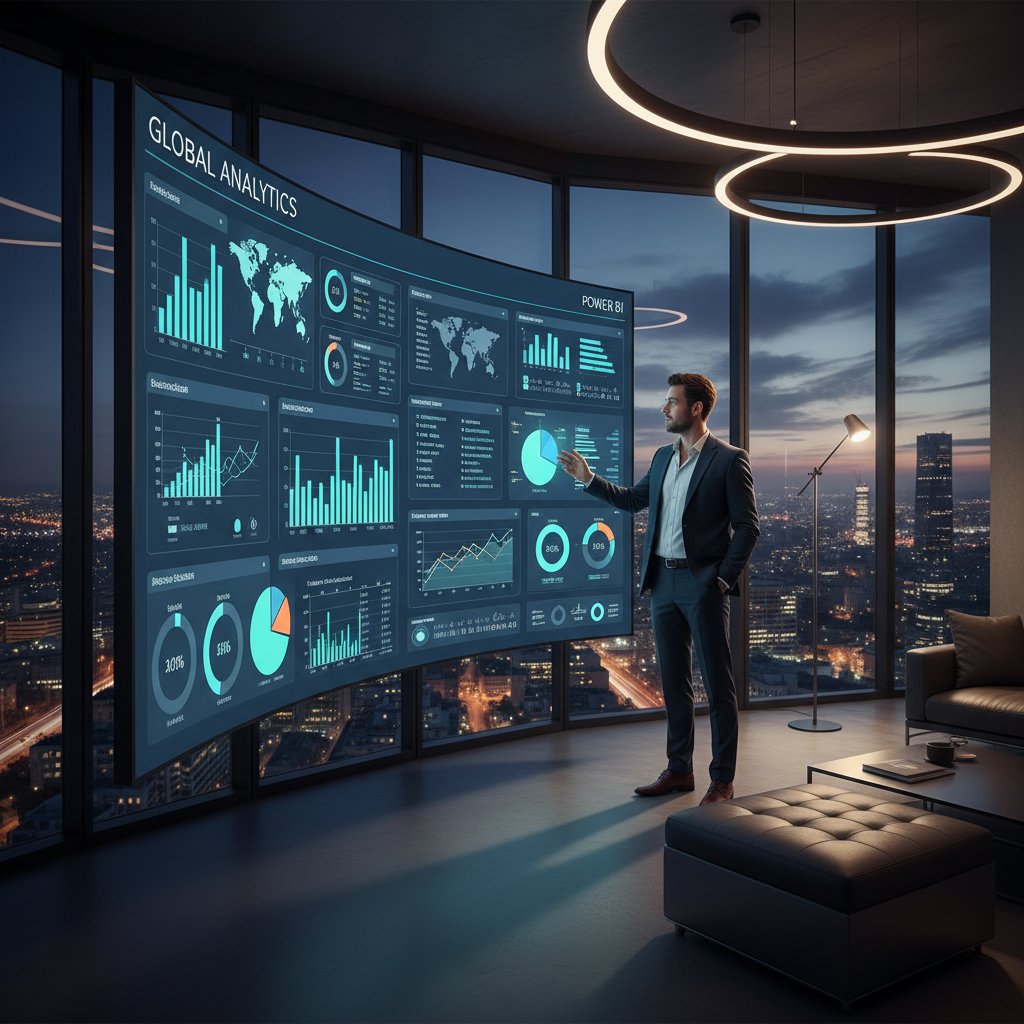 Nowoczesne biuro w Polsce podczas zmierzchu, osoba analizuje dane w Power BI