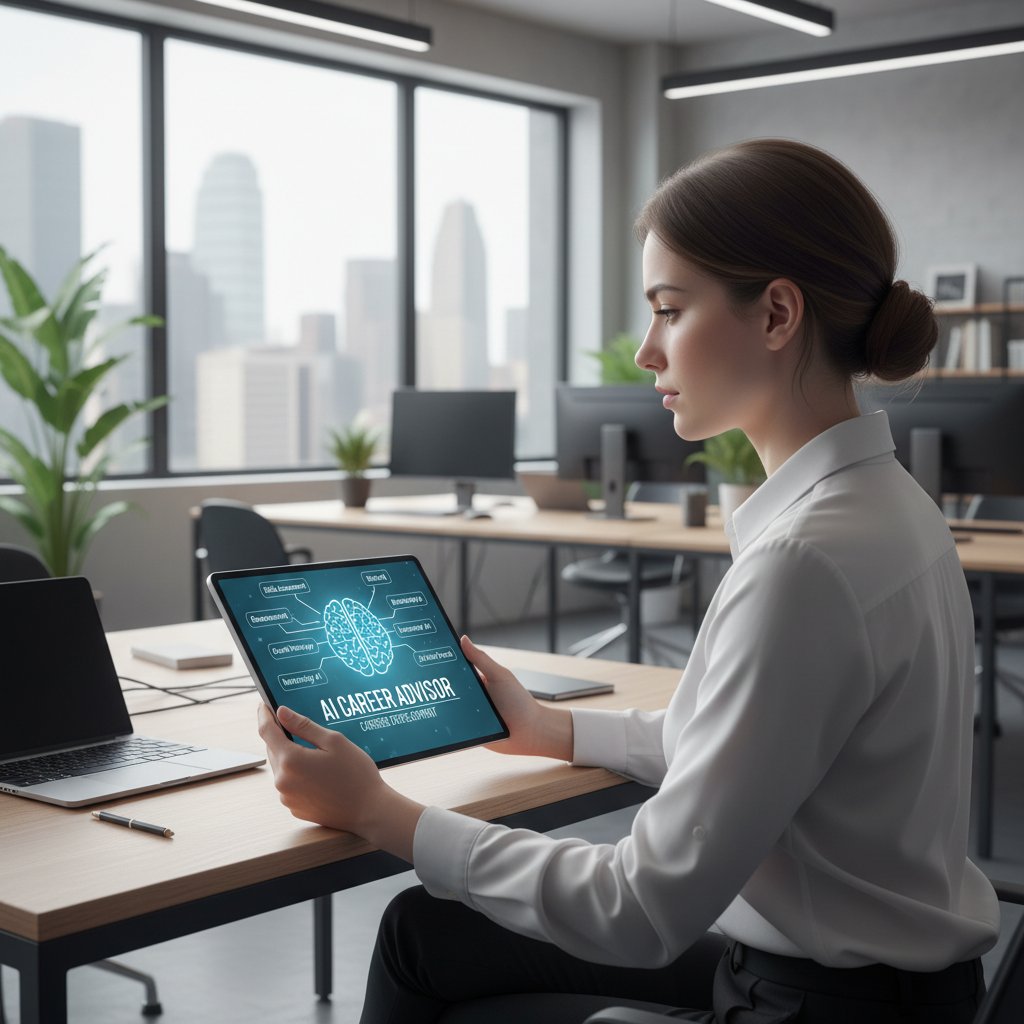 Nowoczesne biuro, młoda specjalistka korzystająca z tabletu z aplikacją AI doradcy kariery