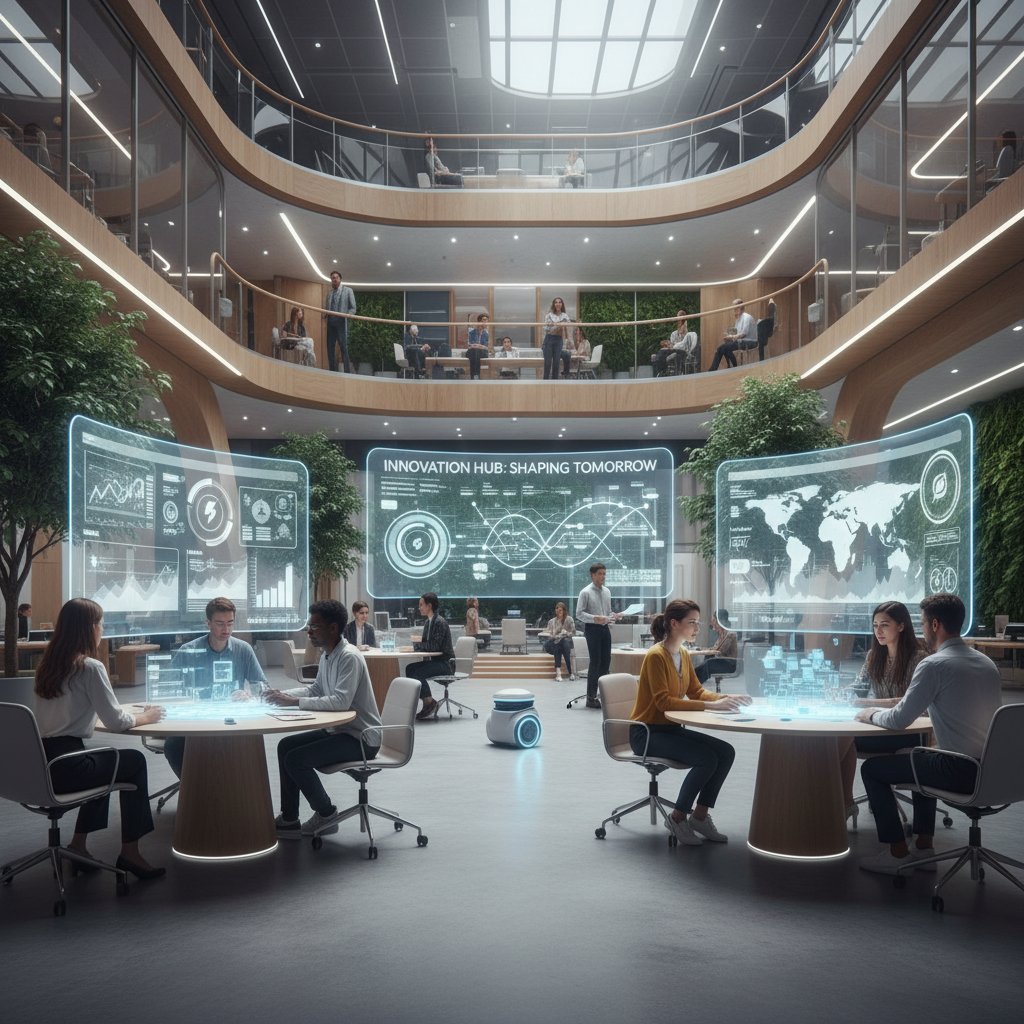 Nowoczesne biuro pełne młodych specjalistów analizujących dane i AI, symbolizujące przyszłe trendy w automatyzacji