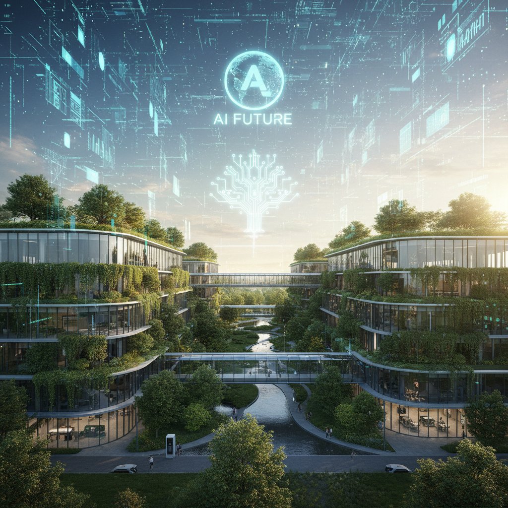 Nowoczesny kompleks biurowy z elementami przyrody, cyfrowe efekty AI