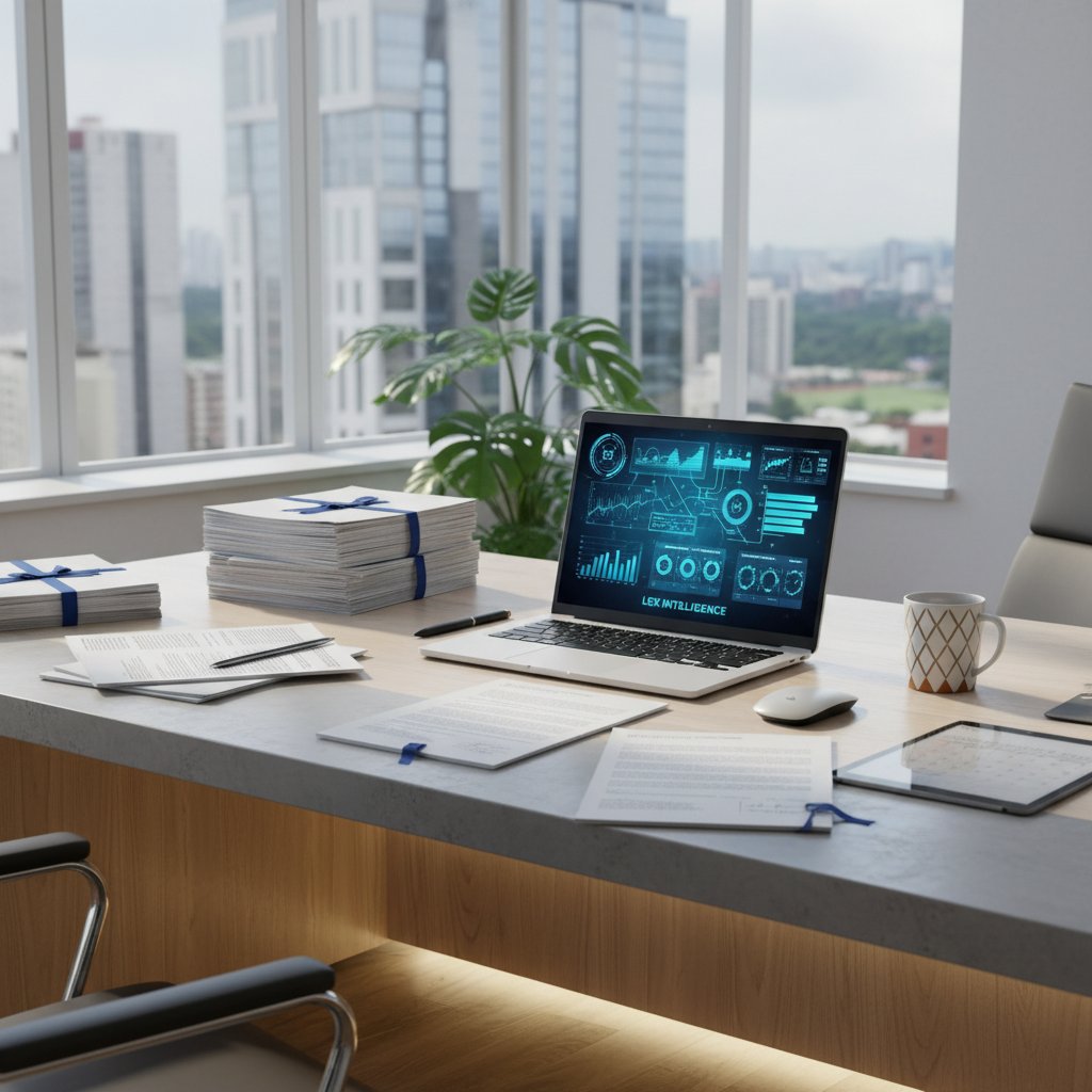 Nowoczesna kancelaria prawnicza z dokumentami i laptopem z panelem AI