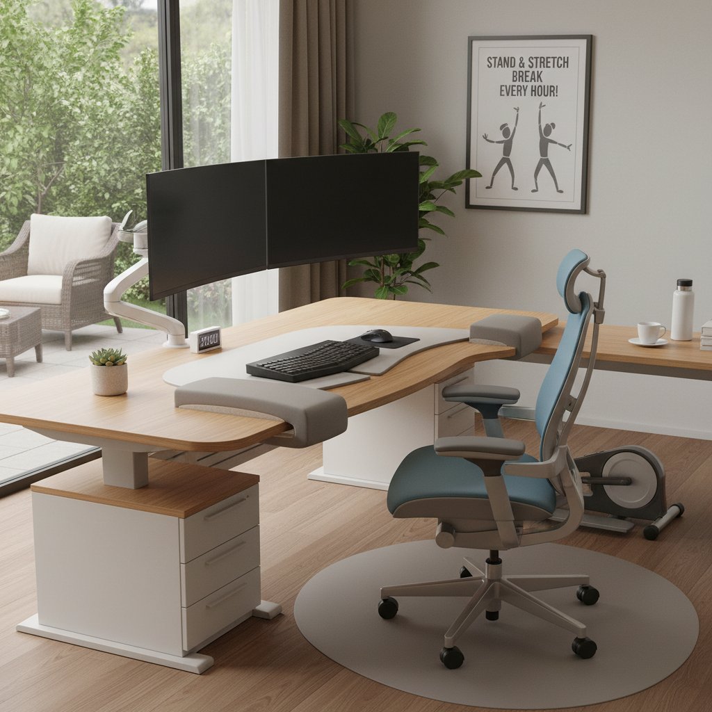 Nowoczesne biuro z ergonomicznym stanowiskiem pracy, widoczne podłokietniki, monitor i osoba wykonująca przerwę na ćwiczenia