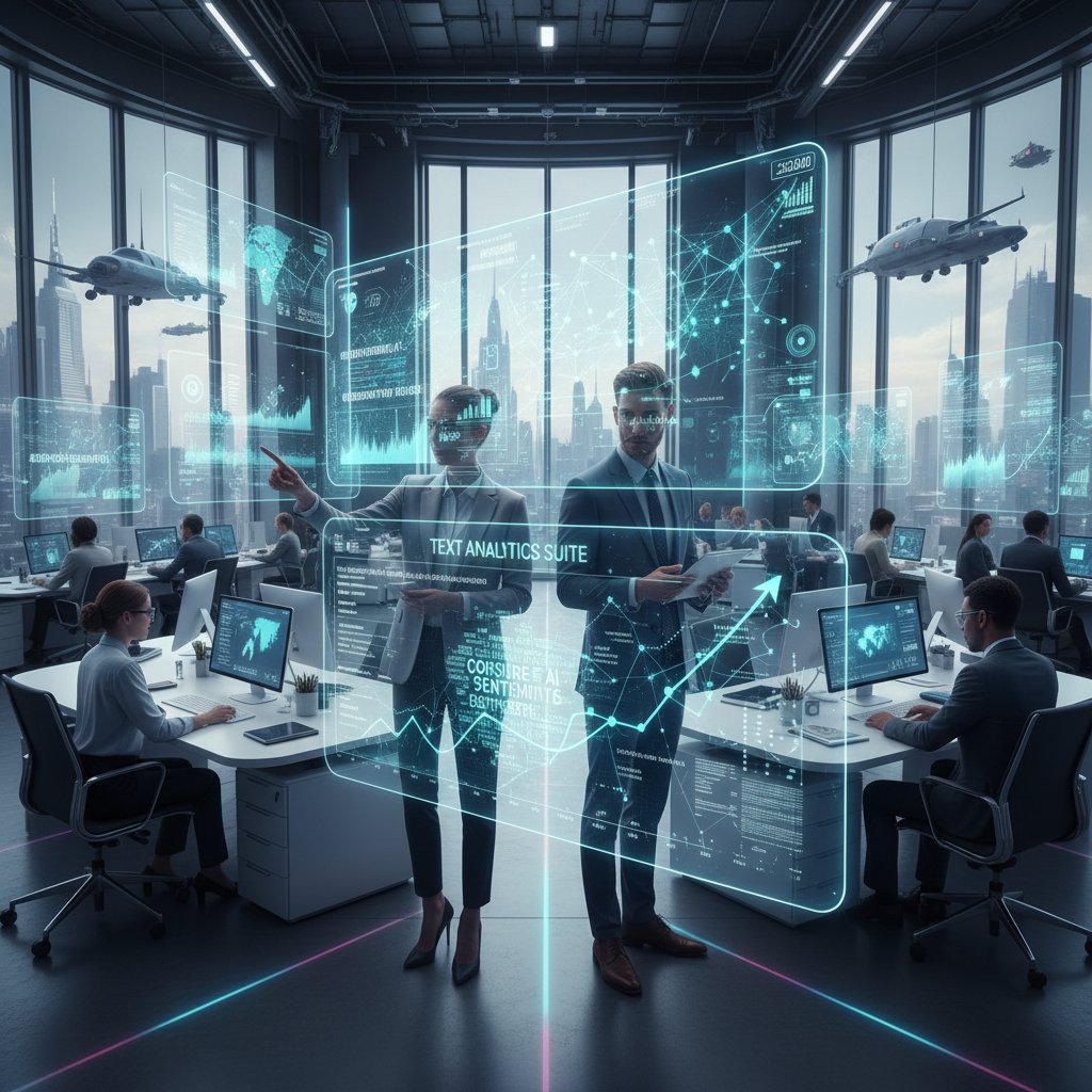 Modern office workers interacting with AI-driven analytics dashboards, showcasing future trends in text analytics software industry