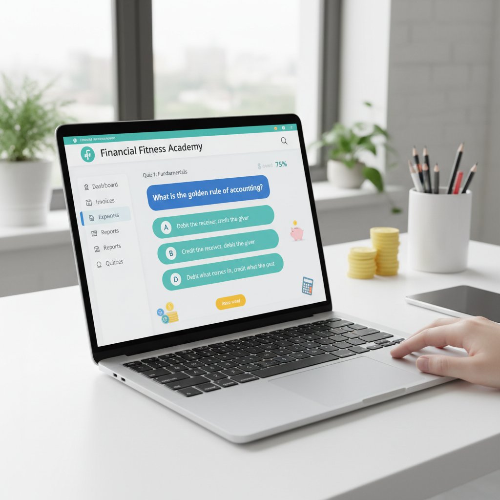 Nowoczesna platforma rachunkowości online z wyświetlonymi quizami księgowymi na laptopie