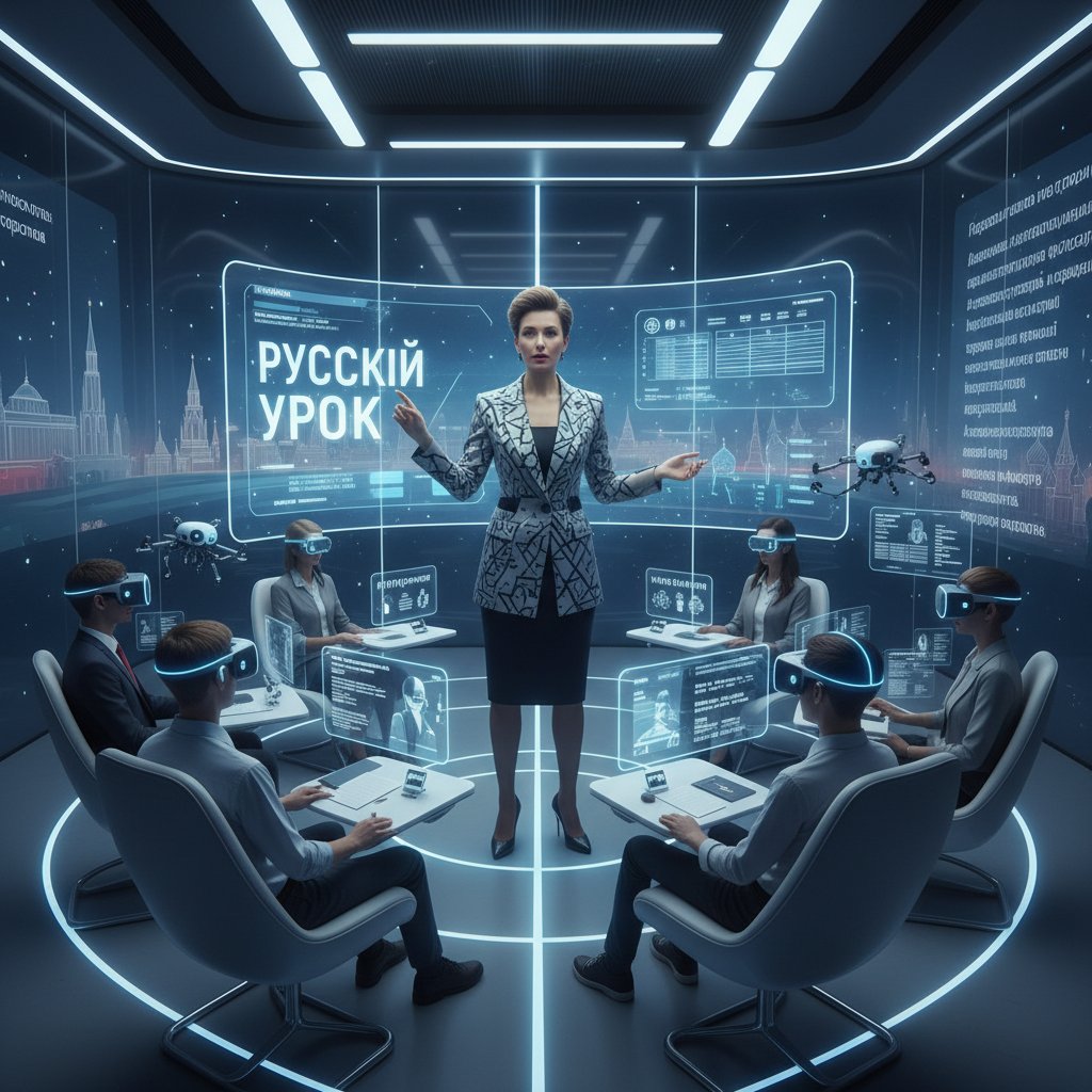 Nowoczesna klasa online z elementami AI i VR, uczniowie w goglach, nauczyciel tłumaczy na ekranie