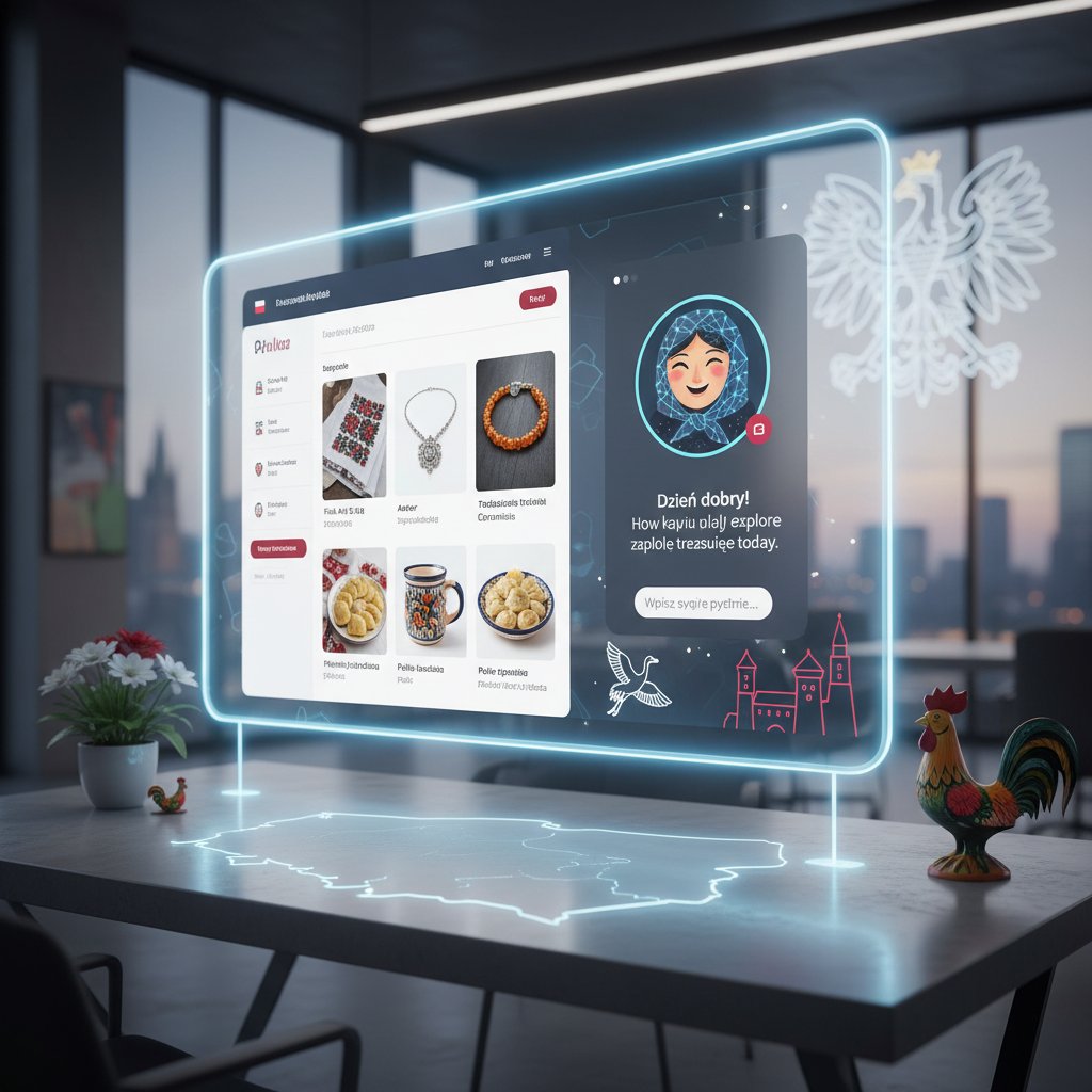 Nowoczesny sklep internetowy z wyeksponowanym chatbotem AI i polskimi elementami kulturowymi